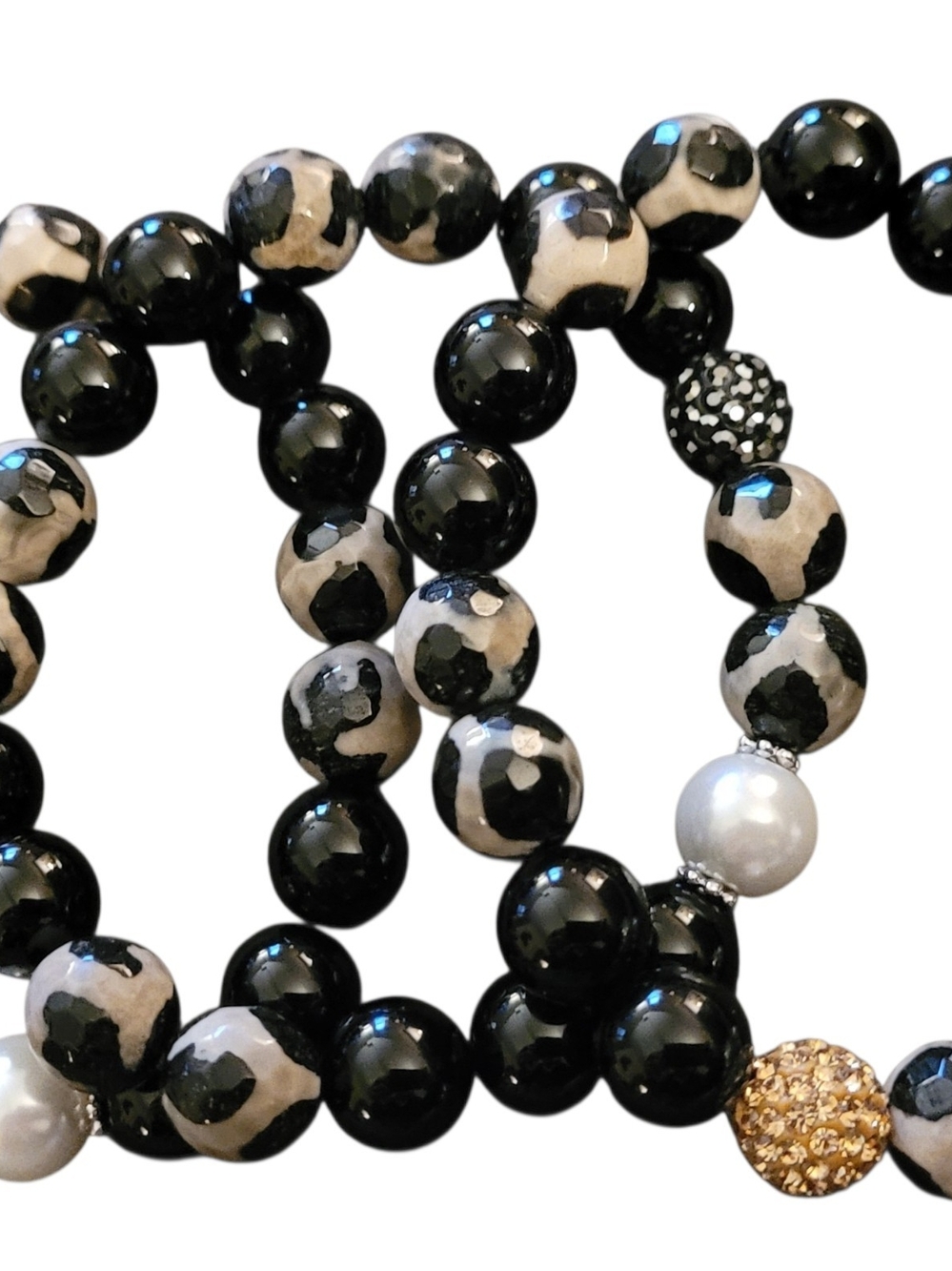 Set of 3 Elegant Black & White Beaded Bracelet with Gold Accent